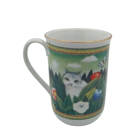 Mug Russ Berrie Four Seasons Vintage Porcelain 7 Oz Cat Butterfly Coffee Cup 4 - Picture 1 of 15